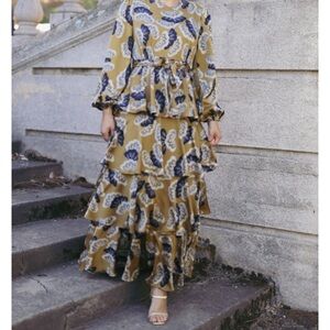 Floral Ruffle Maxi Dress in Mustard and Blue